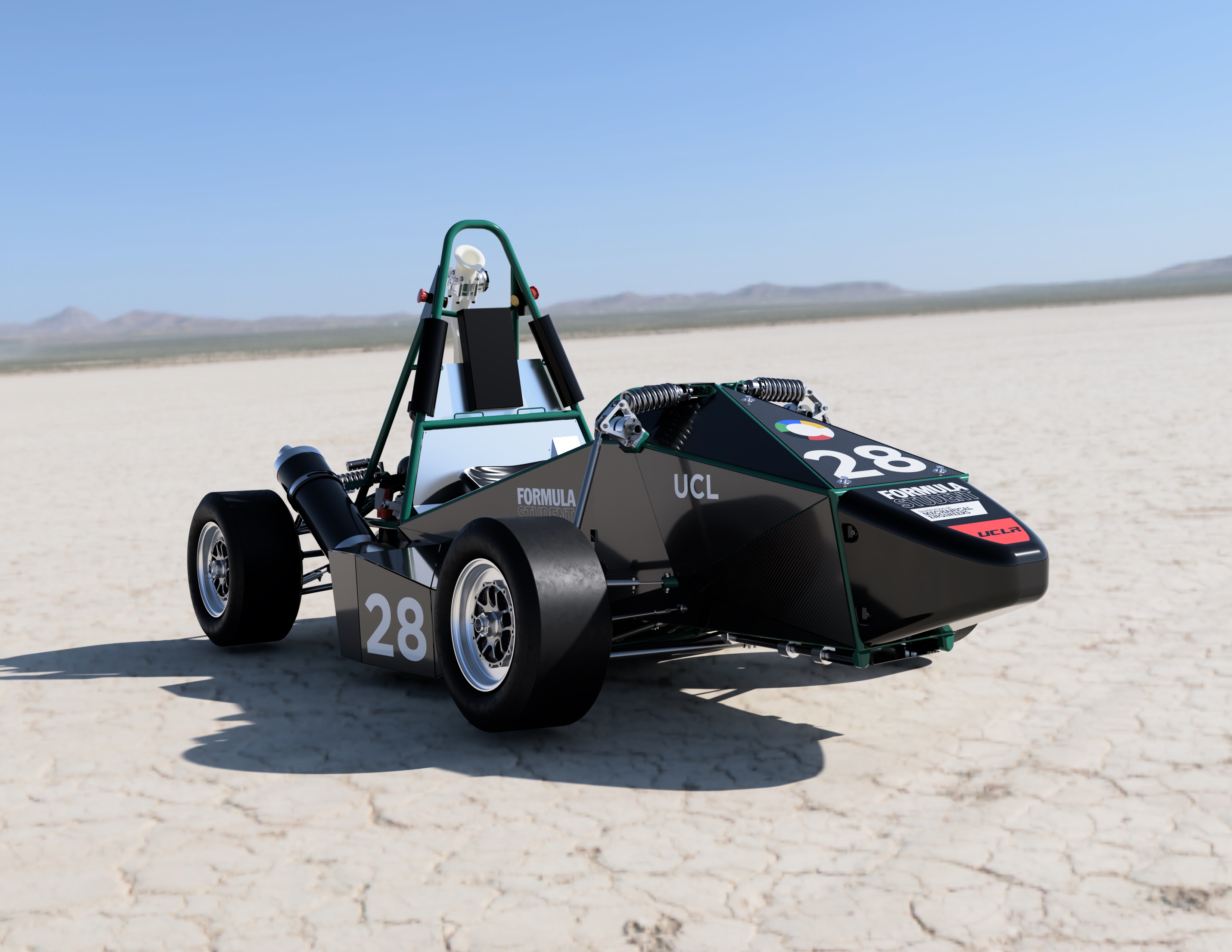 CAD render of the UCL Formula Student car, number 28, on a dry lakebed