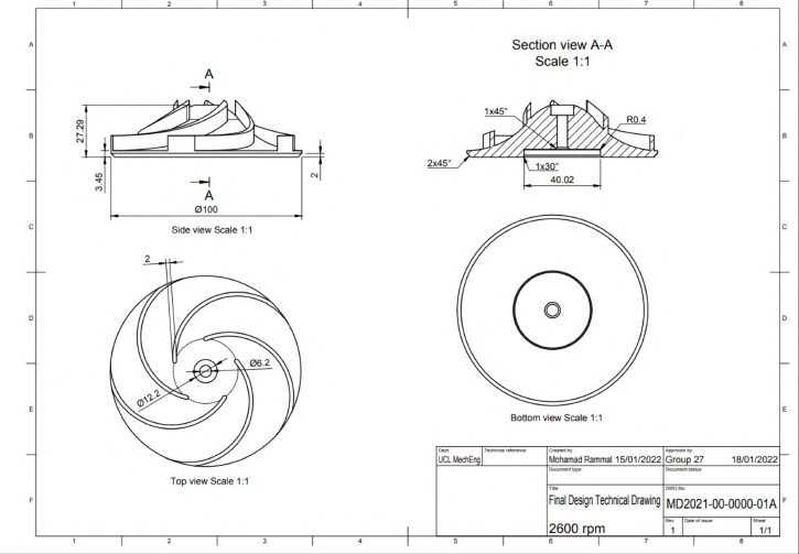 Technical drawing of the impeller