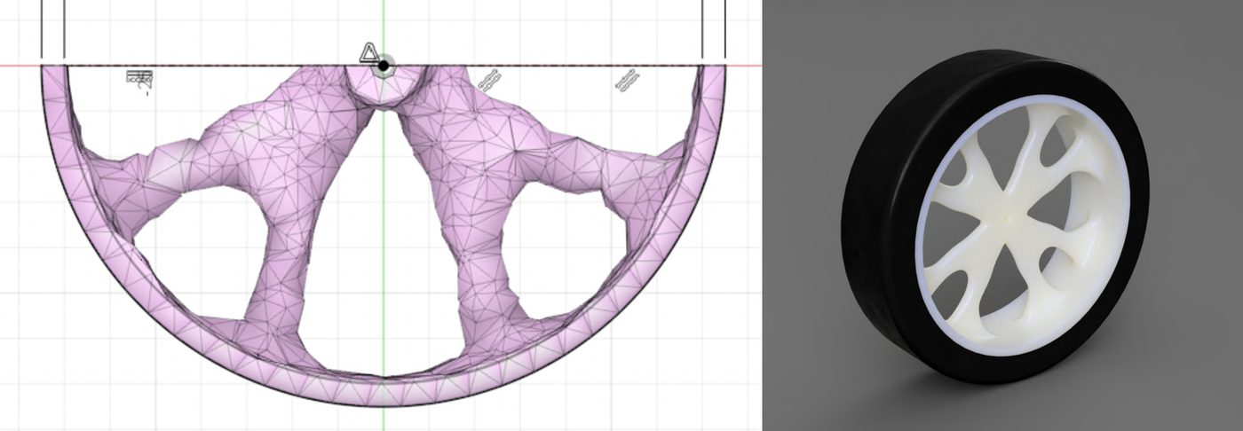 Topology optimisation of a wheel next to the final render